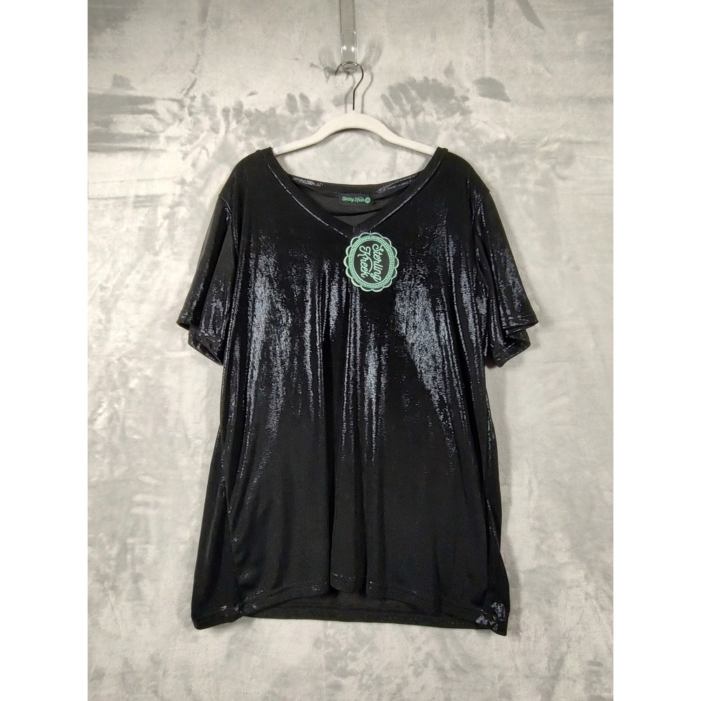 Sterling Kreek Womens XL Black Metallic Foil V-Neck Short Sleeve Top Shimmer NEW